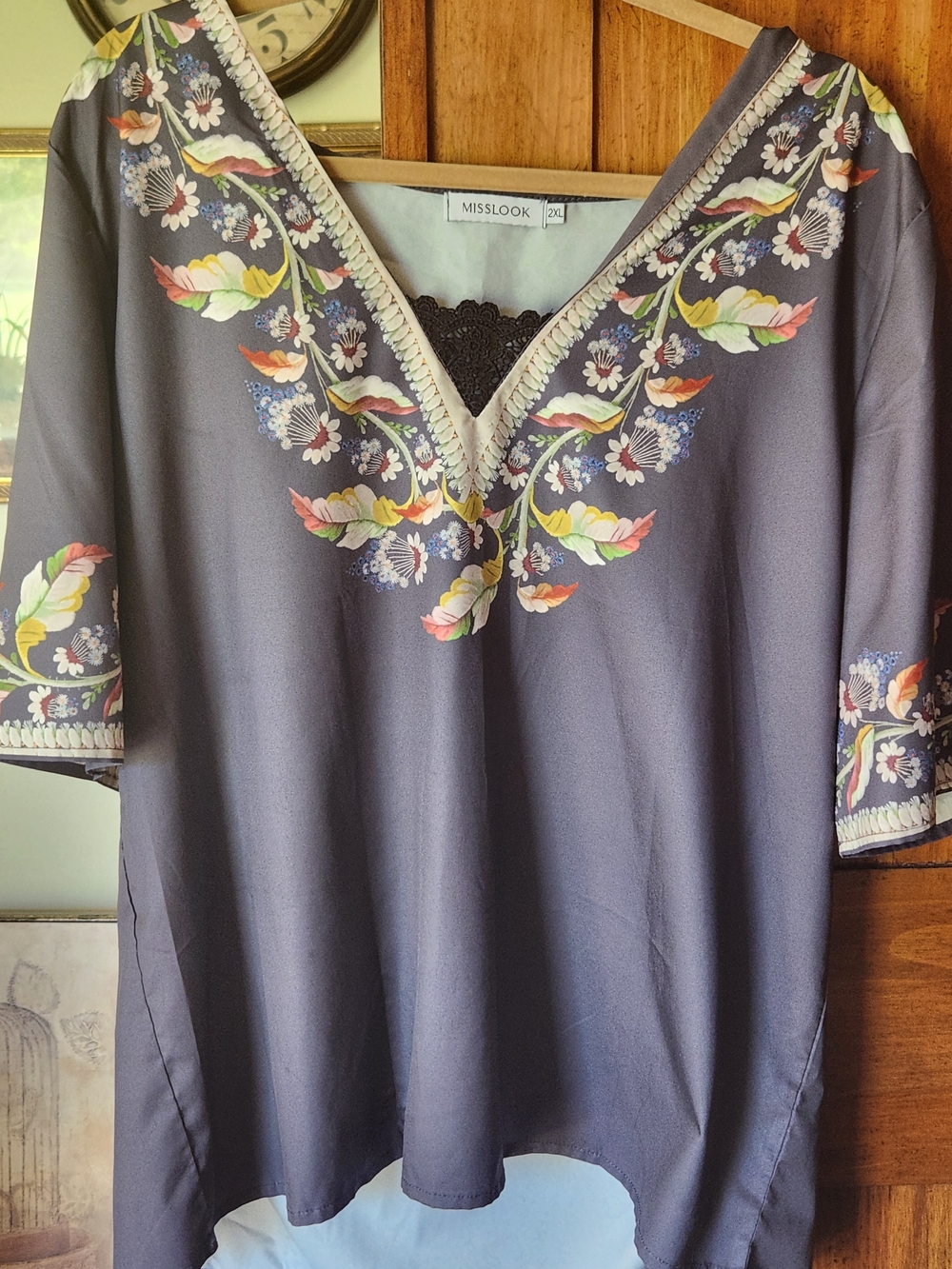 MISSLOOK Slate Blue V-Neck Tunic with Multicolor Embroidered Floral Trim